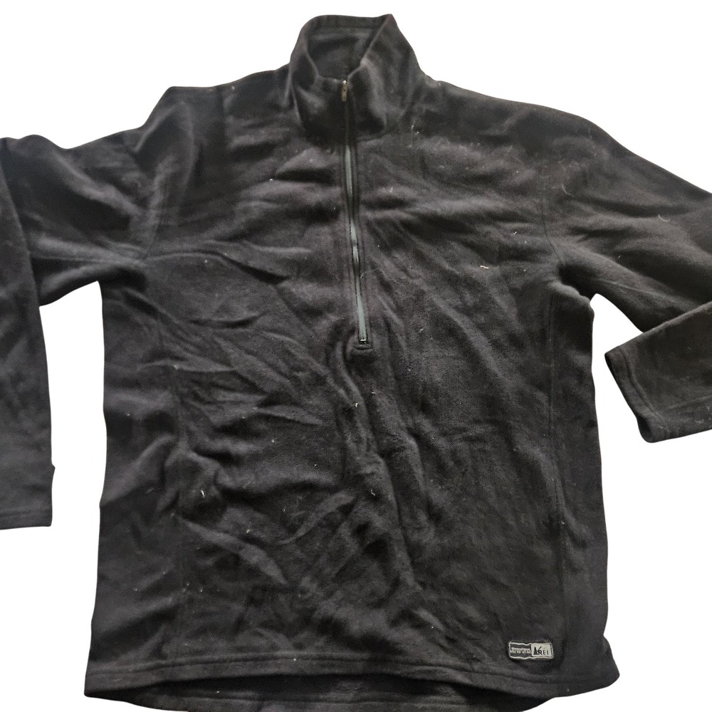 REI Pullover Mens Large Black‎ Fleece Warm 1/4 Zip Outdoor Sweater Logo Patch